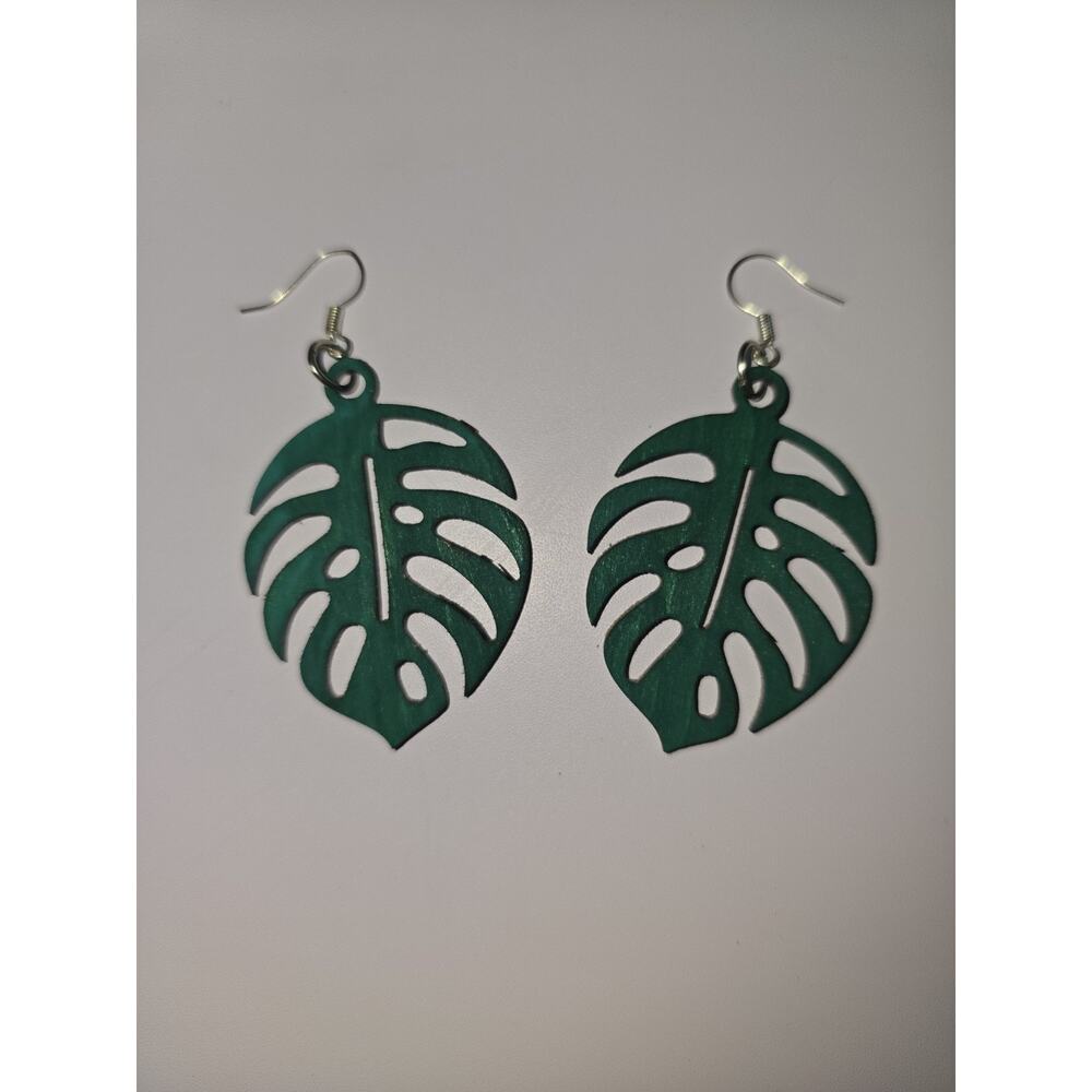 Wooden Laser Cut Earrings Boho Leaf Green Lightweight Handmade Jewelry